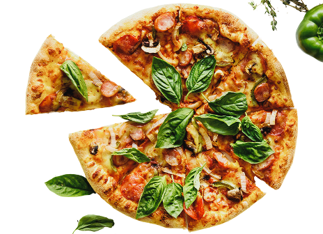 A pizza topped with basil.